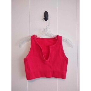 Women's Bright Pink Ribbed Stretchy V Neck Crop Workout Tank Size M